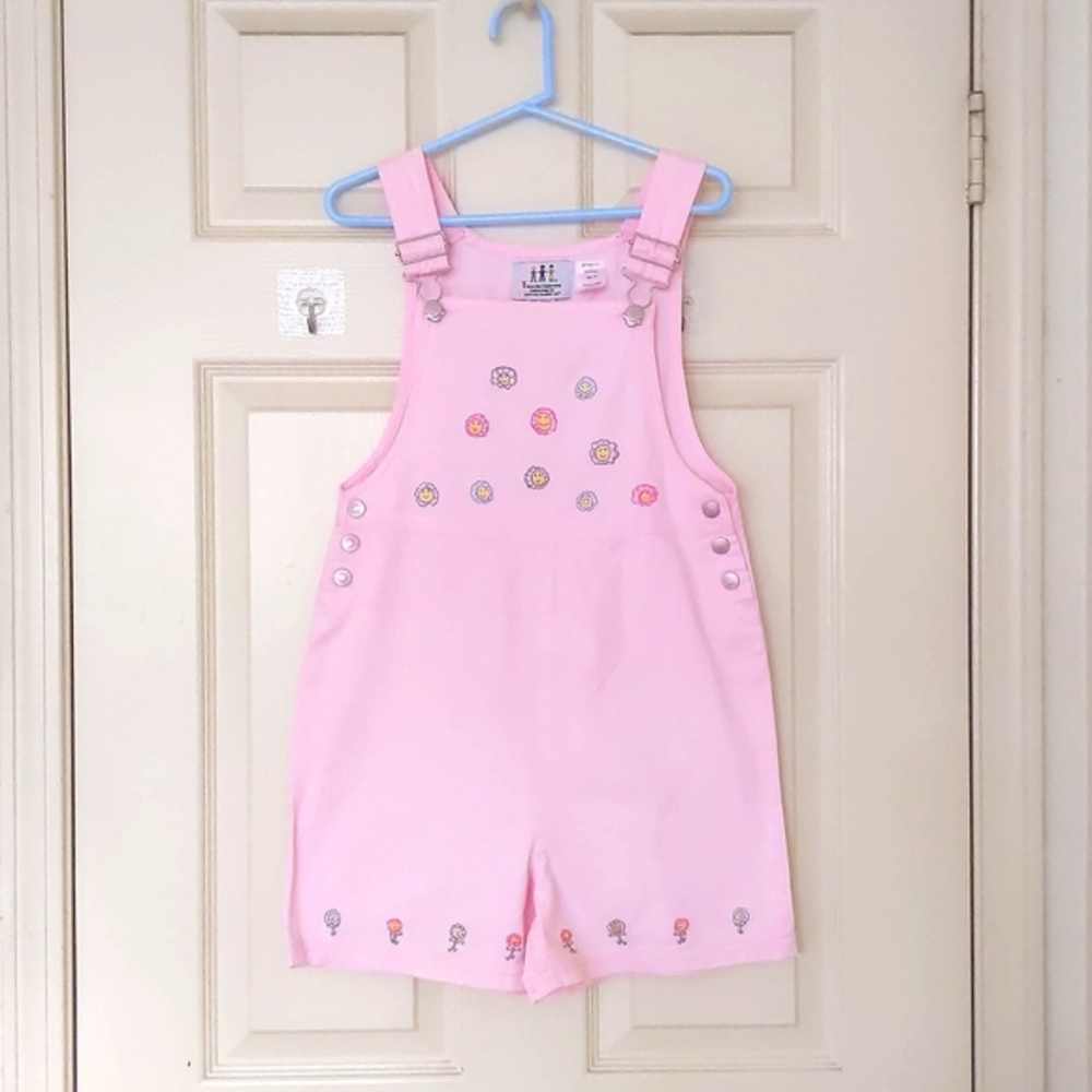 100% Cotton Pink Short Overalls with multi color embroidered flowers.